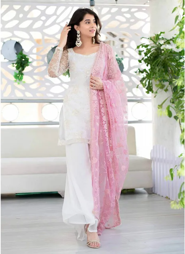Conjunto de Kurta branca com Dupatta de tecelagem grossa (conjunto de 3)
